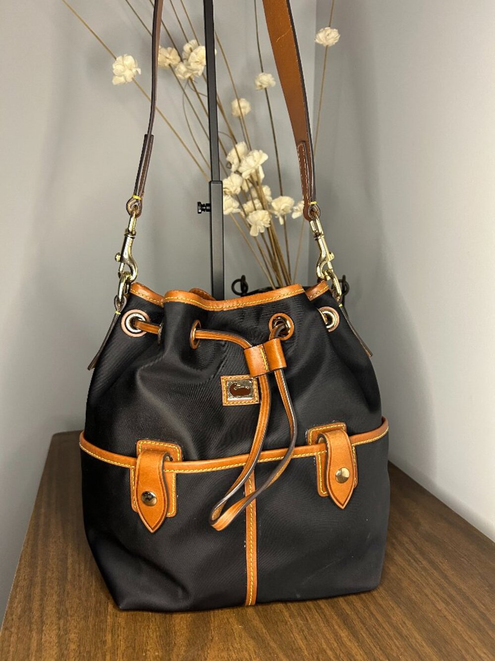 Dooney & Bourke Wayfarer Black Nylon Leather Drawstring Bucket Bag